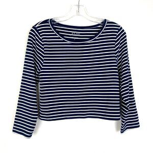 J. Crew Women's Cropped Stretchy Shirt Size L Blue White Striped Beach Summer